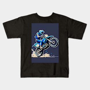 Dirt bike wheelie - blue pixel art style Kids T-Shirt